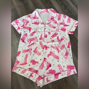 Pink Cowboy Boot Print Satin Pajama Set